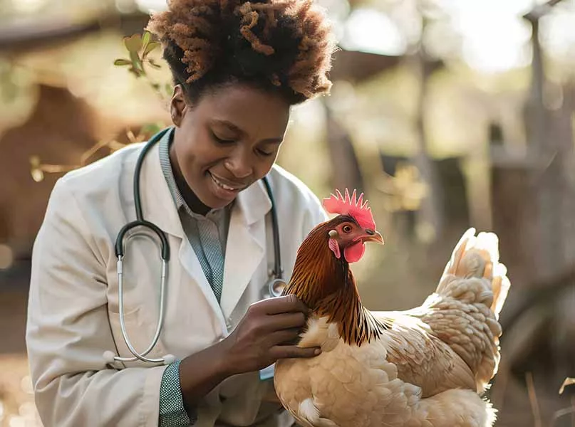 Smiling veterinarian in white coat examining a healthy chicken outdoors