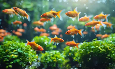 Golden fish swim in a lush aquaponics setup